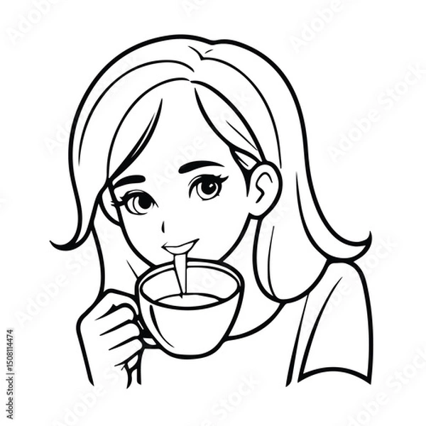 Obraz Young woman enjoying a drink in a casual setting. Smiling and drinking from a coffee cup, close-up view. Female student drinking coffee. college campus -
