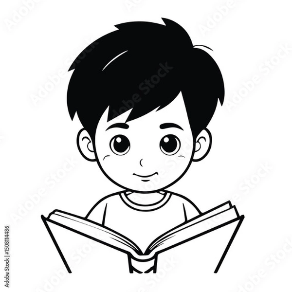 Obraz Young boy in casual clothing holding an open book, focused pose in a simple, clean interior setting. Student engrossed in reading material. Elementary school student. at home -