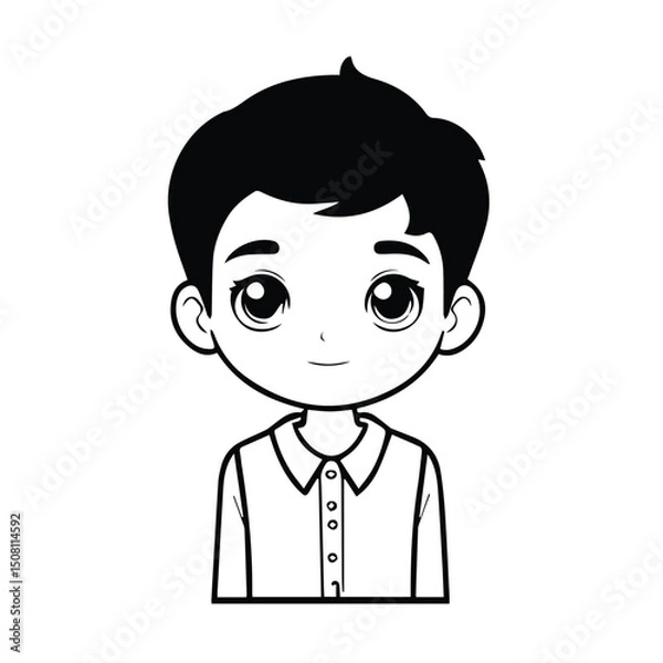 Fototapeta Young boy in formal attire, neutral expression, against a plain background. Child, dressed in button up shirt, smiling peacefully in simple studio setting.