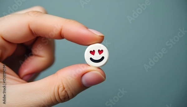 Obraz Hand holding a pill with a smiley face and heart eyes, symbolizing love and vitality.