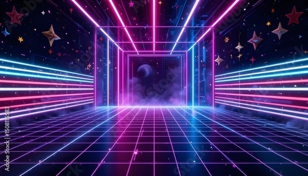 Fototapeta Retro Neon Background with 80s Style Laser Grid and Starry Elements