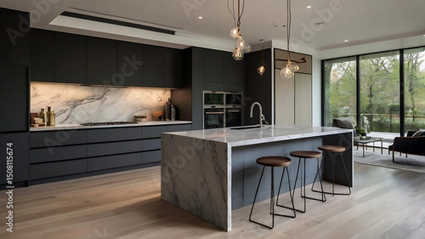 Fototapeta A modern kitchen with a sleek minimalist design, light wooden flooring, white and dark gray cabinetry, marble countertops, built-in high-end appliances, large windows allowing natural light, under-cab