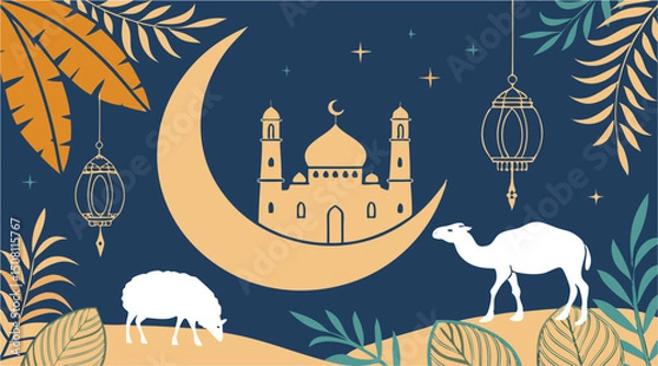 Obraz Eid al-Adha Vector Illustration with Mosque, Moon, and Animals