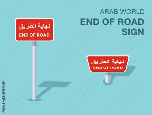 Fototapeta Traffic regulation rules. Isolated Arab world "end of road" road sign. Front and top view. Flat vector illustration template.