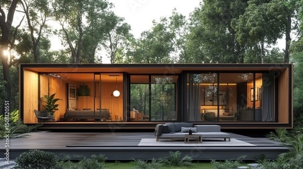 Fototapeta Container house with eco-friendly materials and smart technology,