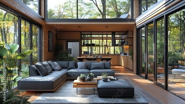 Fototapeta Container house with minimalist interior and large windows,