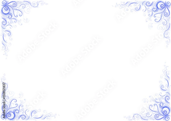 Obraz Frame. In each corner of background there are patterns consisting of curls, thin delicate lines. Different shades of blue. Drawing with colored pencils. White copy space. Elegant and delicate.