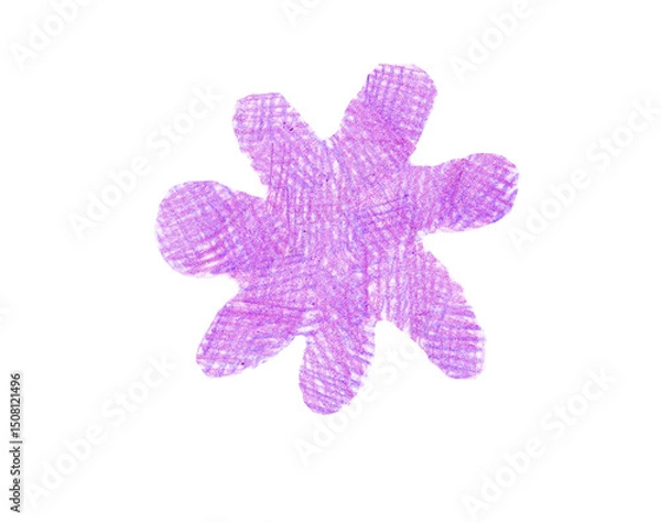 Fototapeta Silhouette of a flower with petals of a simple, rounded shape. Top view. Isolated on a white background. Filled with cross strokes. Drawing with colored pencils. Different shades of purple, pink.