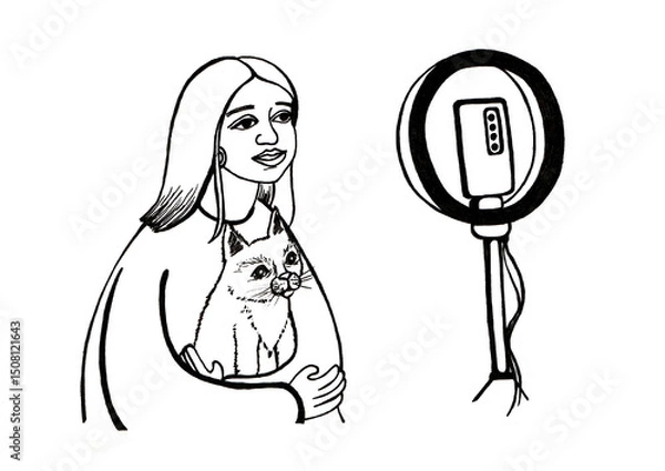Fototapeta Girl with cat in her arms records video. Opposite smartphone, ring lamp. Hugging her pet with both hands. Talking to the camera. Blogger. Social networks. Line art. Black outline. White background.