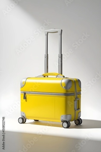 Fototapeta A yellow suitcase with a silver handle sits on a white background. 