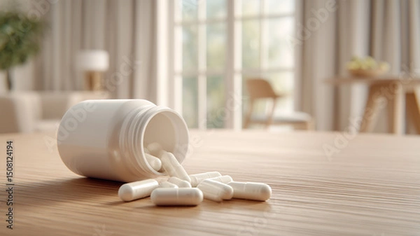 Fototapeta 木製テーブルにこぼれた白いカプセル