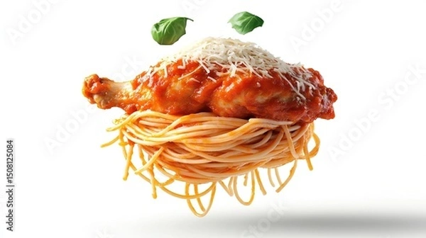 Fototapeta A levitating nest of spaghetti topped with a chicken leg in rich tomato sauce, sprinkled with grated cheese and basil leaves