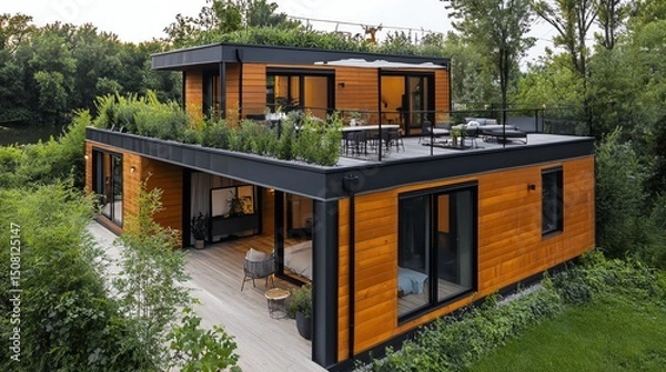 Fototapeta Innovative container house with a rooftop terrace,