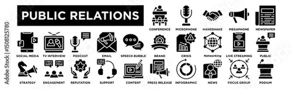 Obraz Public Relations icon collection set. Press Conference, Microphone, Handshake, Megaphone, Newspaper