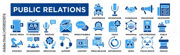Obraz Public Relations icon collection set. Press Conference, Microphone, Handshake, Megaphone, Newspaper