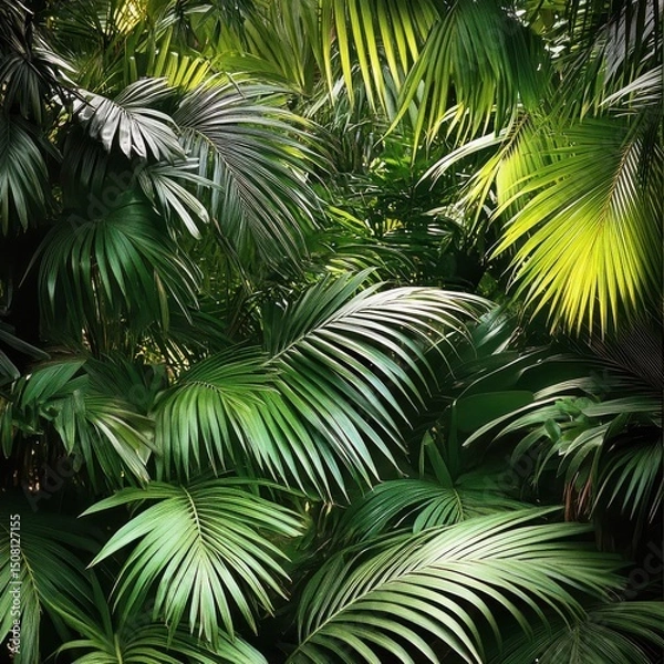 Fototapeta Lush green palm fronds tropical paradise. A lush green jungle with palm trees and leaves. Concept of tranquility and natural beauty.
