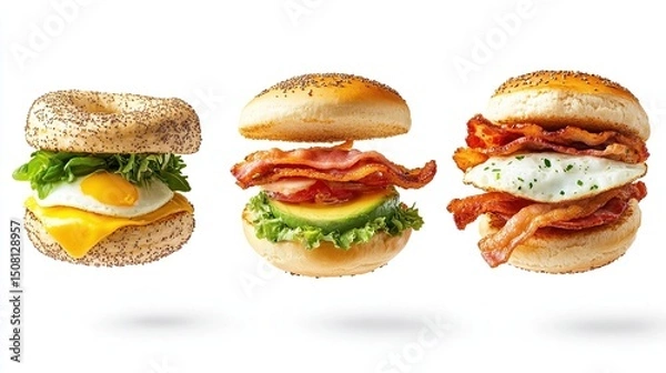 Fototapeta Three breakfast sandwiches a bagel with egg, cheese, and greens; a bun with bacon, avocado, and lettuce; and a bun with bacon and egg.  All are in mid-air against a white background