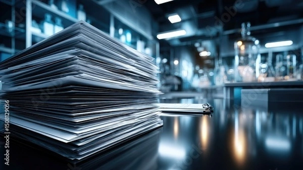Fototapeta A large stack of documents sits on a shiny lab table, with scientific glassware and equipment visible in the background.