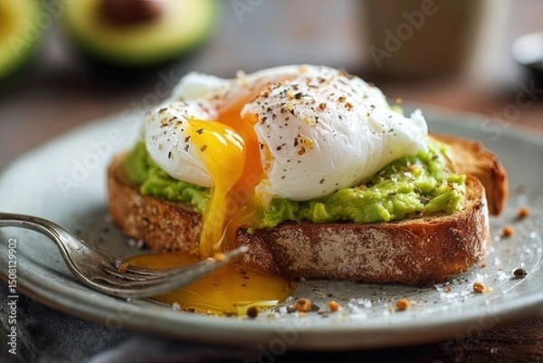 Fototapeta Poached egg with creamy avocado spread on toasted sourdough bread