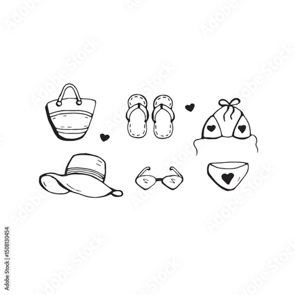 Obraz Doodle vector set of summer clothes. Beach vacation travelling concept. Black and white handdrawn pack of icons
