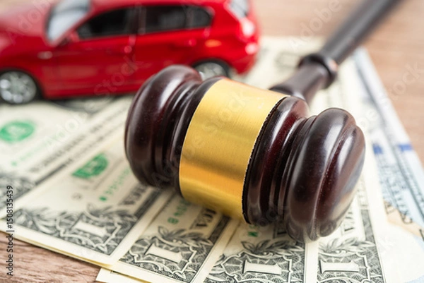 Fototapeta Hammer gavel judge and Euro banknote money with car vehicle accident, insurance coverage claim lawsuit court case.