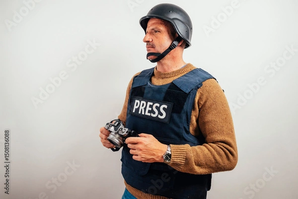 Fototapeta Reporter in bulletproof vest with a camera.