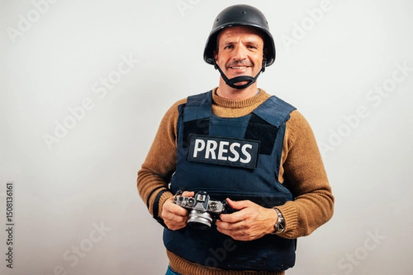 Fototapeta Reporter in bulletproof vest with a camera.
