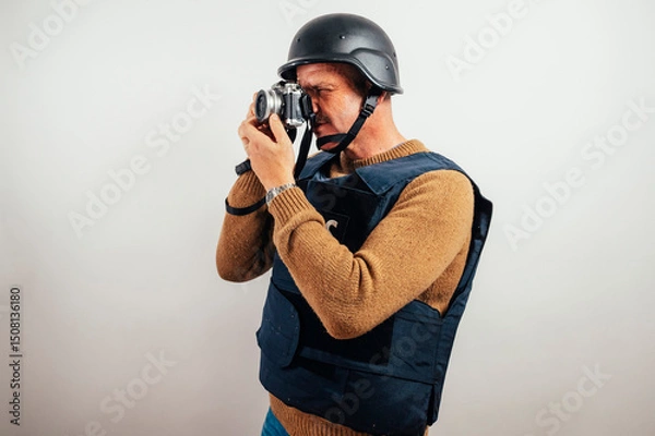 Fototapeta Reporter in bulletproof vest with a camera.