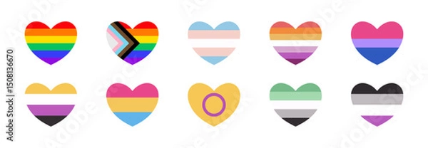Fototapeta Set of Heart Shape Pride Flags Representing Rainbow Progressive and LGBTQIA+ Identities Including Lesbian Transgender Nonbinary Pansexual Aromantic Asexual Bisexual and Intersex in Vector Illustration