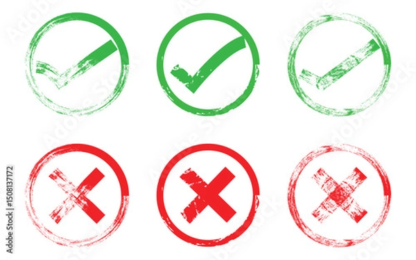 Obraz tick and Cross sign elements. vector buttons for vote, election choice, check marks, approval signs design. Scribble Marker, pen and crayon check marks signs set