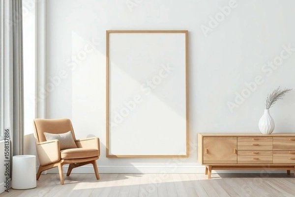 Fototapeta Minimalist living room mockup with large frame
