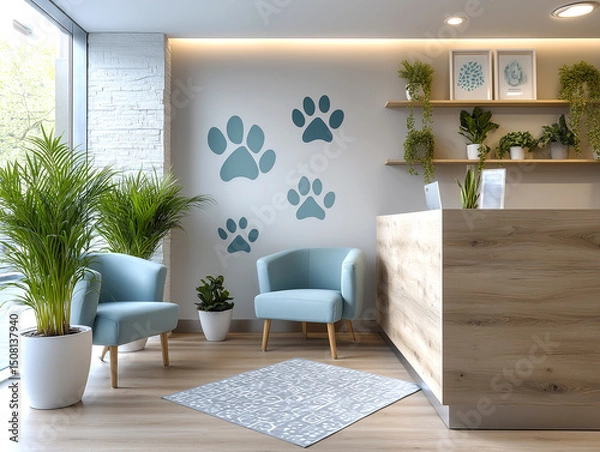 Fototapeta Empty vet clinic waiting area with comfortable armchairs, houseplants, paw print decoration, and wooden reception desk