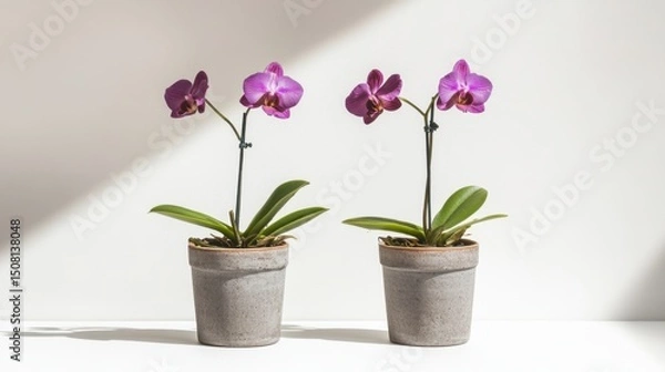 Fototapeta Two orchids growing from same pot with soft shadows on bright white background