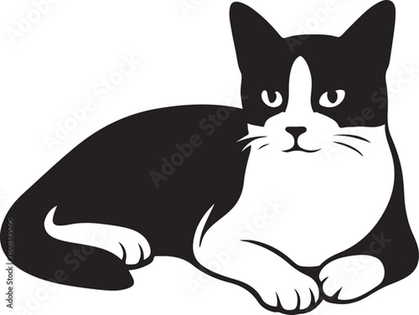 Fototapeta Lying black and white cat simple pose, Resting cat silhouette minimal style