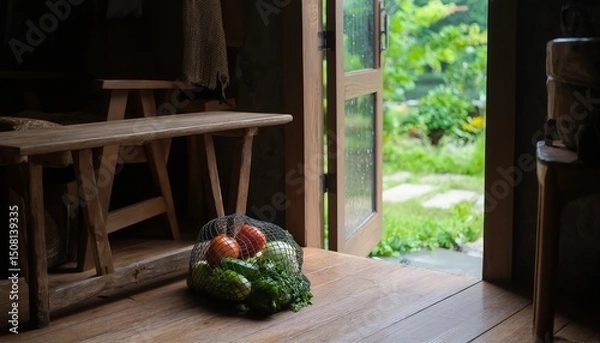 Fototapeta Net bag with fresh tomatoes and zucchini on the floor near an open door. Rainy garden view, rustic interior, cozy earthy tones. Ideal for organic lifestyle or seasonal content