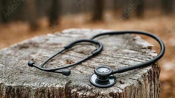 Fototapeta Black stethoscope resting on a tree stump.
