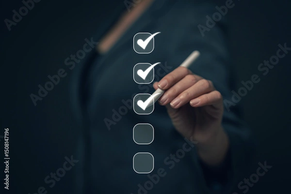 Obraz Reviewing and completing online survey forms document management system Assessment form, questionnaire, checklist and clipboard management Quality control...