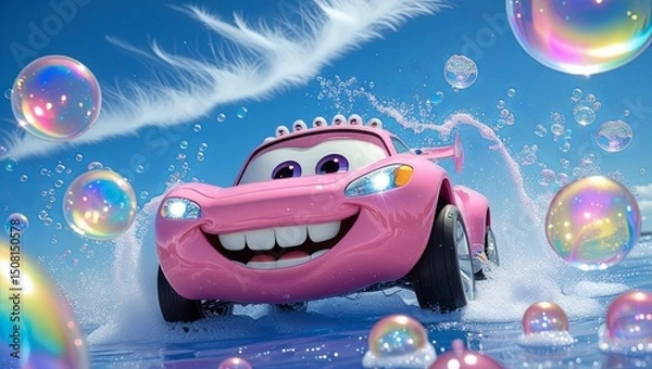 Obraz A cheerful cartoon pink car with a wide smile is covered in soap suds and sponges, set against a vivid bright background, radiating a fun, lighthearted vibe and playful energy