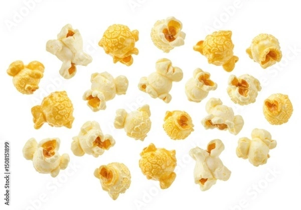 Fototapeta Buttery popcorn kernels falling on white background