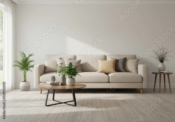 Fototapeta Modern minimalist living room interior design with beige sofa