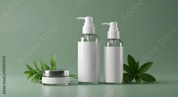 Obraz Empty cosmetic bottles and jar with green foliage on a sage green background. Display of skincare products with a minimalist design.