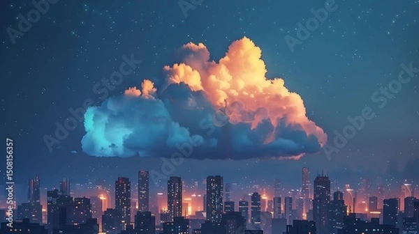Obraz A fluffy cloud drifting above a city skyline at dusk.