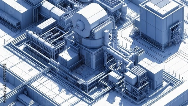 Fototapeta Detailed architectural blueprint of a nuclear power plant, showcasing reactor layout, cooling systems, and structural design, representing precision engineering, safety, and advanced energy 
