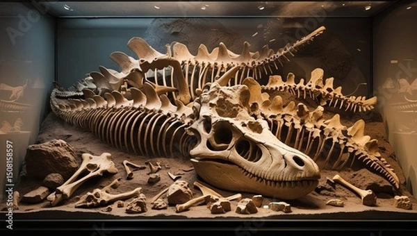 Obraz Dinosaur bones displayed in a museum exhibit, carefully arranged in lifelike poses under dramatic lighting, offering a glimpse into prehistoric life and fascinating paleontological discoveries