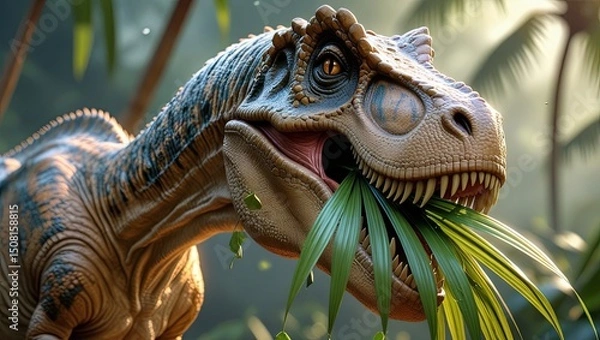 Obraz The dinosaur stretches its long neck to munch on fresh palm leaves in a prehistoric jungle, surrounded by lush vegetation and ancient trees, portraying a peaceful moment in the Mesozoic era
