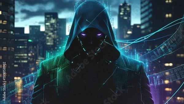 Obraz A dark, hooded group of anonymous hackers engaged in cybercrime, launching cyberattacks and infiltrating systems. Their hidden identities and intent to spread malware are framed by binary code visuals