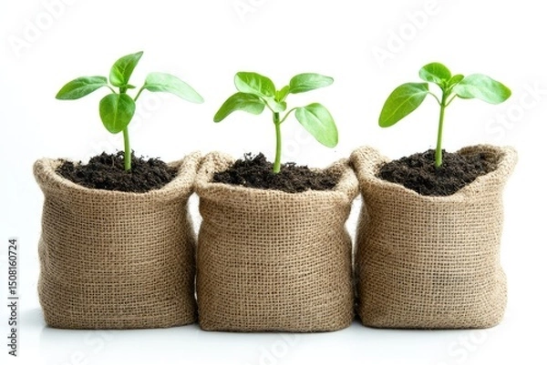 Fototapeta Three young plants in burlap sacks (1)