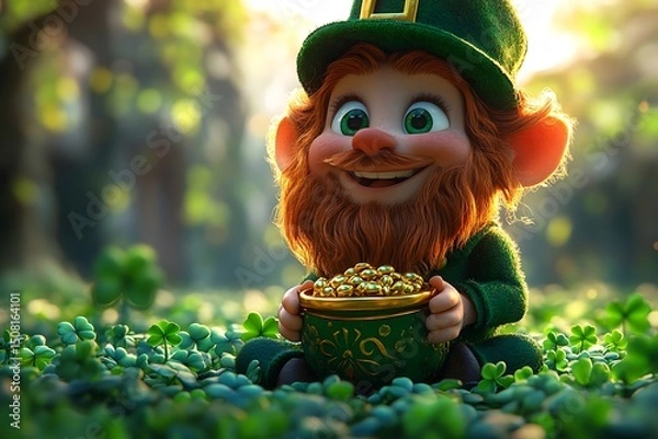 Obraz Adorable 3D Rendered Leprechaun with Gold, St. Patrick's Day
