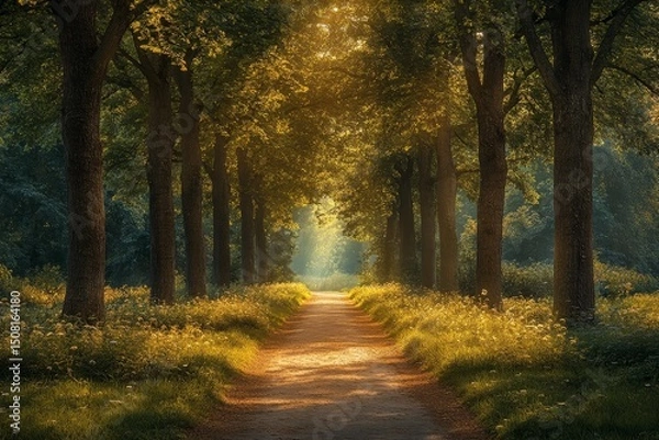Fototapeta Sunlit path through trees, summer morning, nature, serenity, wallpaper