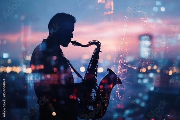 Obraz Jazz Band Silhouette. Saxophone musician in double exposure with blurry trio and twilight cityscape